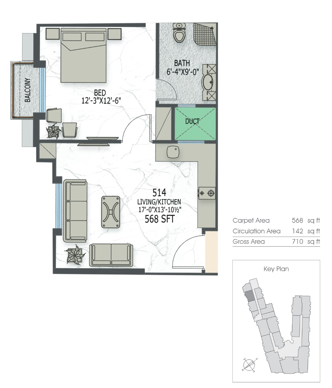 1 Bed Apartment Layout with living 7 Canal Residence 