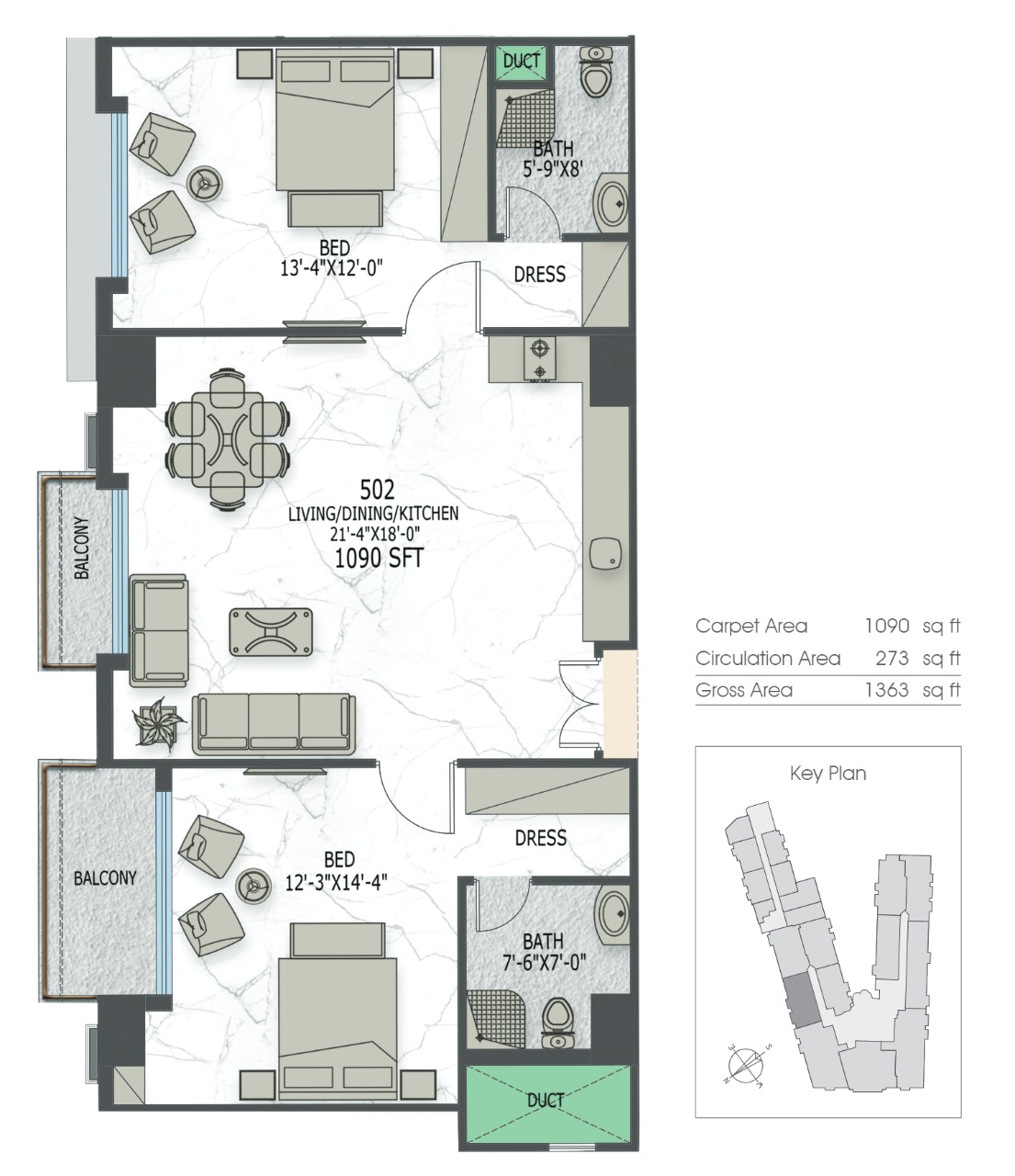 2 Bed Apartment Layout in 7 Canal Residence